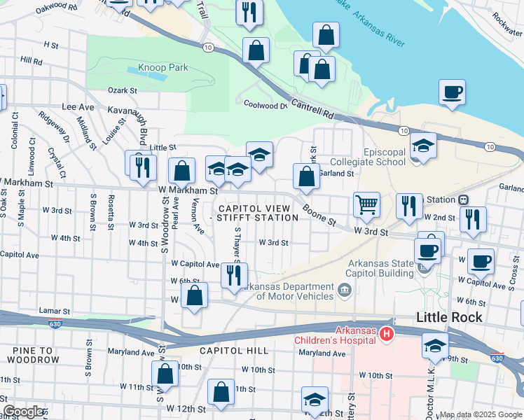 map of restaurants, bars, coffee shops, grocery stores, and more near 101 Rice Street in Little Rock