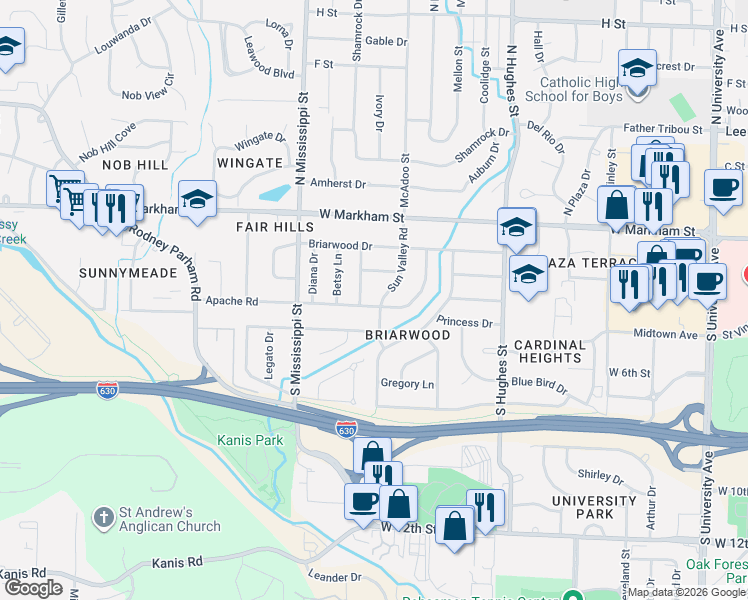 map of restaurants, bars, coffee shops, grocery stores, and more near 10 Sun Valley Road in Little Rock