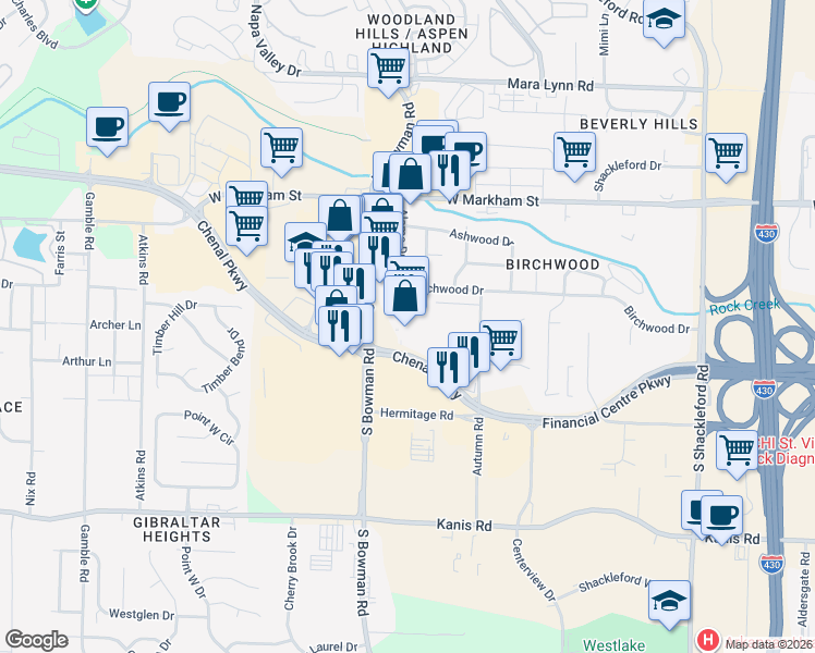 map of restaurants, bars, coffee shops, grocery stores, and more near 501 South Bowman Road in Little Rock