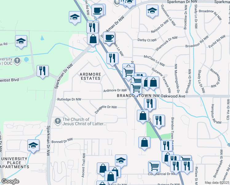 map of restaurants, bars, coffee shops, grocery stores, and more near 2100 Wimberly Road Northwest in Huntsville