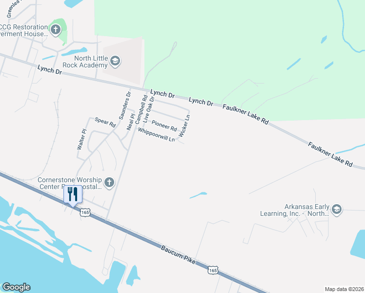map of restaurants, bars, coffee shops, grocery stores, and more near 408 Wicker Lane in North Little Rock