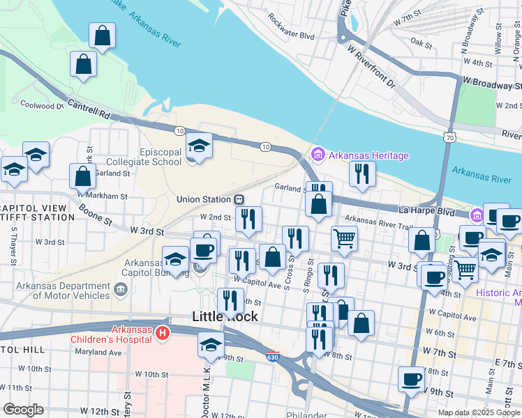map of restaurants, bars, coffee shops, grocery stores, and more near in Little Rock