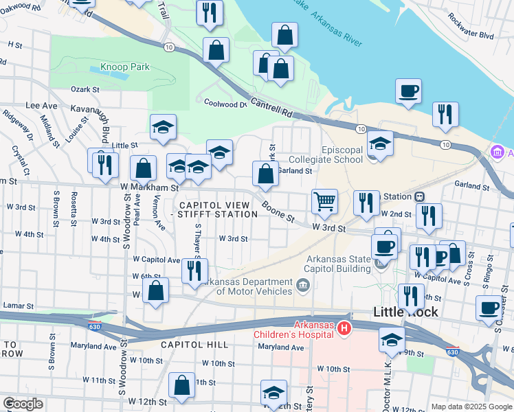 map of restaurants, bars, coffee shops, grocery stores, and more near 102 Barton Street in Little Rock