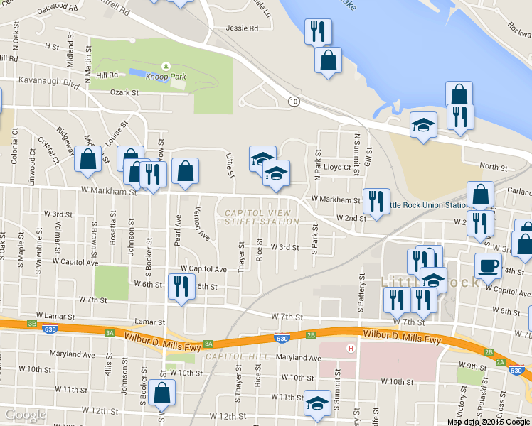 map of restaurants, bars, coffee shops, grocery stores, and more near 101 Rice Street in Little Rock