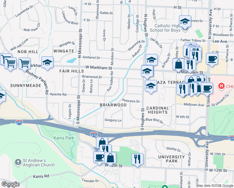 map of restaurants, bars, coffee shops, grocery stores, and more near 7208 Apache Road in Little Rock