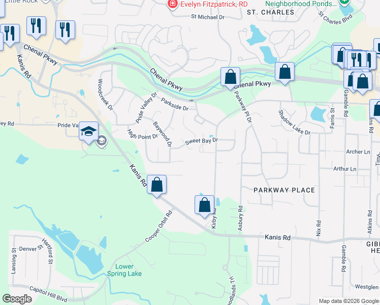 map of restaurants, bars, coffee shops, grocery stores, and more near 5 South Sweet Bay Court in Little Rock