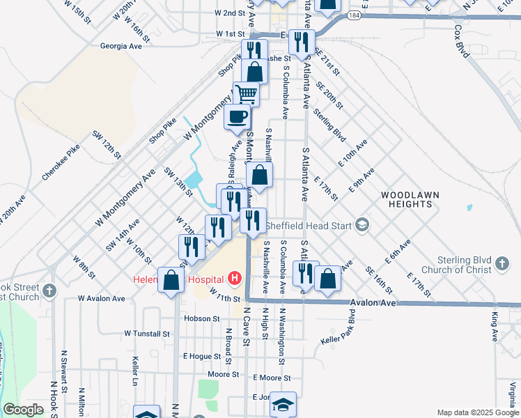map of restaurants, bars, coffee shops, grocery stores, and more near 801 South Nashville Avenue in Sheffield