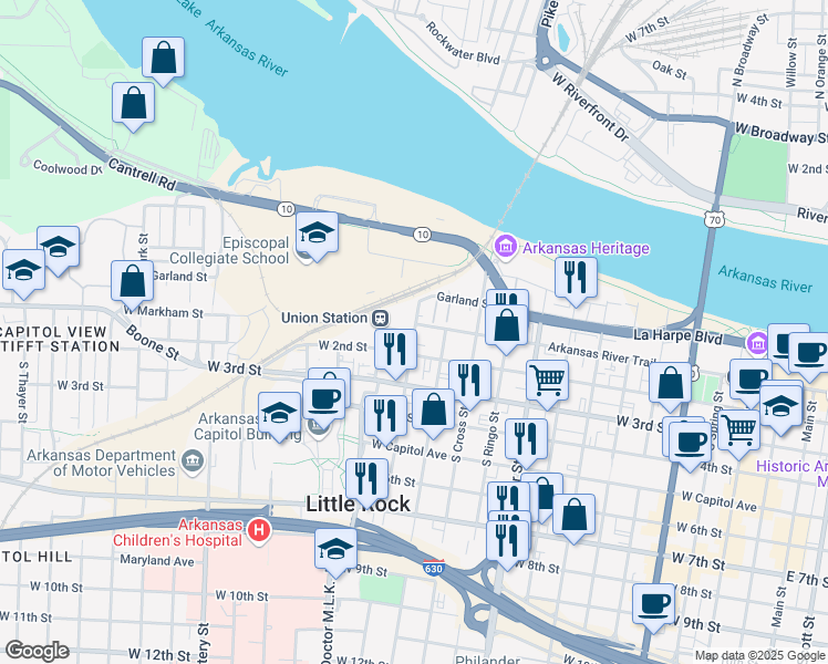 map of restaurants, bars, coffee shops, grocery stores, and more near in Little Rock