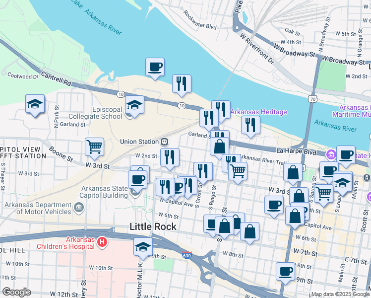 map of restaurants, bars, coffee shops, grocery stores, and more near in Little Rock