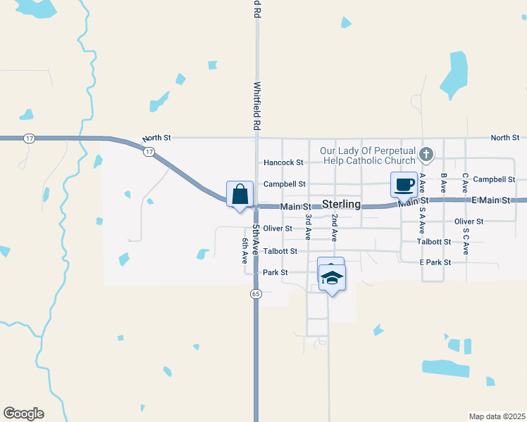 map of restaurants, bars, coffee shops, grocery stores, and more near 5 5th Avenue in Sterling