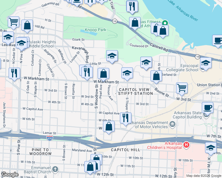 map of restaurants, bars, coffee shops, grocery stores, and more near 119 Vernon Avenue in Little Rock