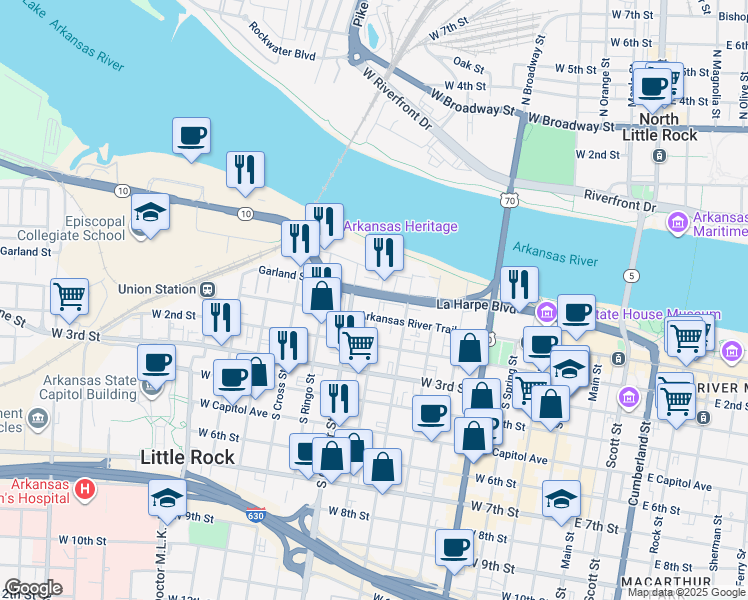map of restaurants, bars, coffee shops, grocery stores, and more near in Little Rock