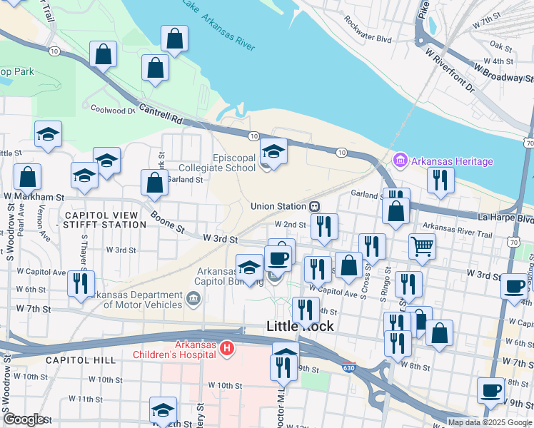 map of restaurants, bars, coffee shops, grocery stores, and more near in Little Rock