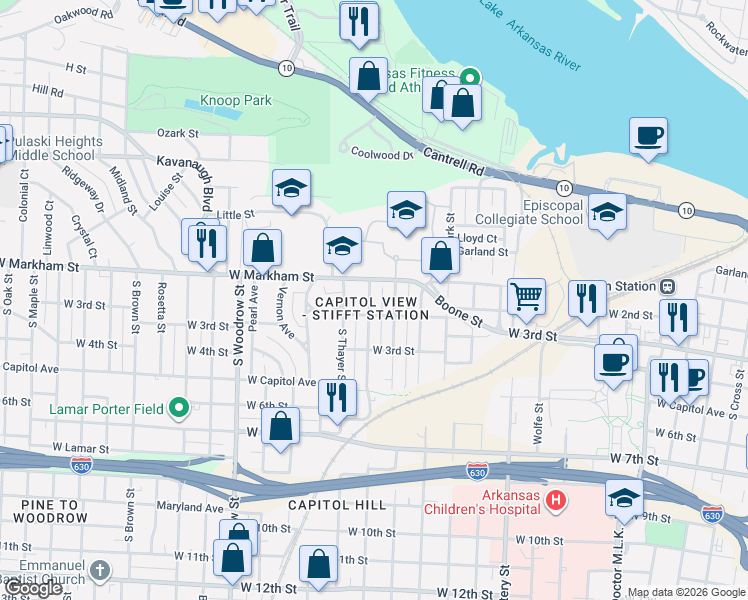 map of restaurants, bars, coffee shops, grocery stores, and more near 101 Rice Street in Little Rock