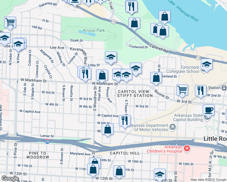 map of restaurants, bars, coffee shops, grocery stores, and more near 2601 West Markham Street in Little Rock