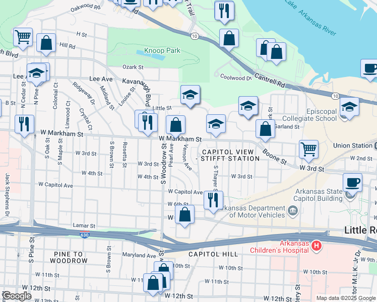 map of restaurants, bars, coffee shops, grocery stores, and more near 2701 West Markham Street in Little Rock