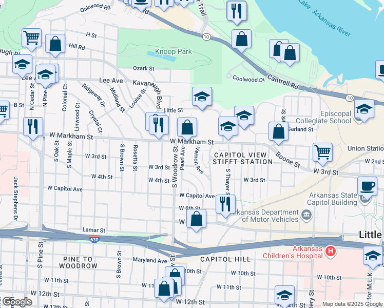 map of restaurants, bars, coffee shops, grocery stores, and more near 2701 West Markham Street in Little Rock