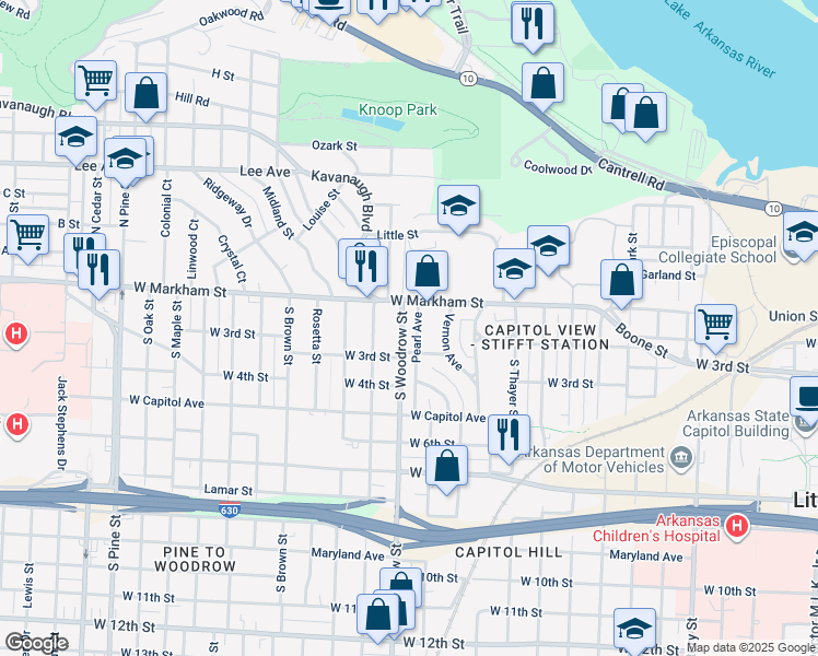 map of restaurants, bars, coffee shops, grocery stores, and more near 102 South Woodrow Street in Little Rock