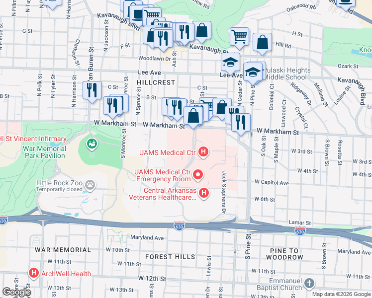 map of restaurants, bars, coffee shops, grocery stores, and more near 4313 West Markham Street in Little Rock
