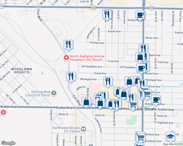 map of restaurants, bars, coffee shops, grocery stores, and more near 151 Grand Ave in Muscle Shoals