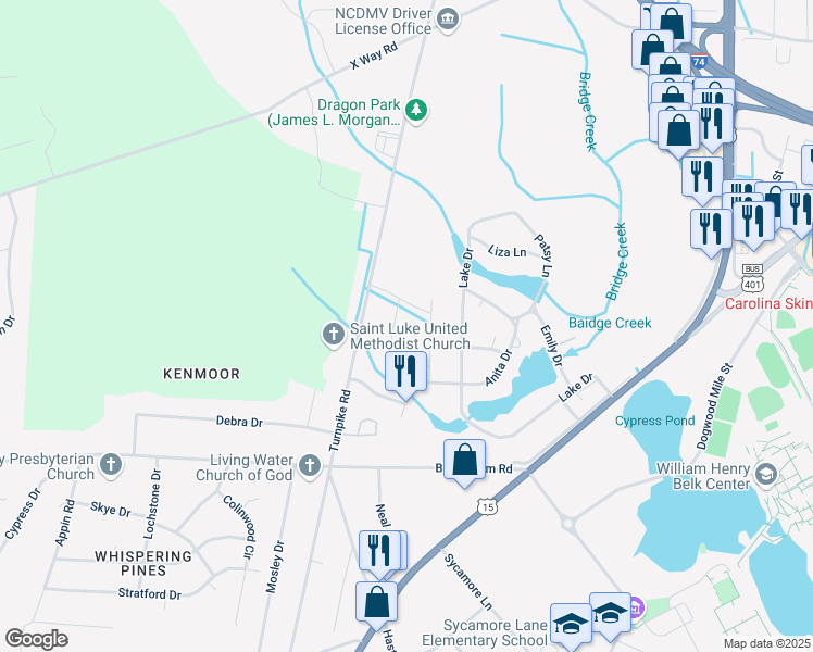map of restaurants, bars, coffee shops, grocery stores, and more near Farmfield Circle in Laurinburg