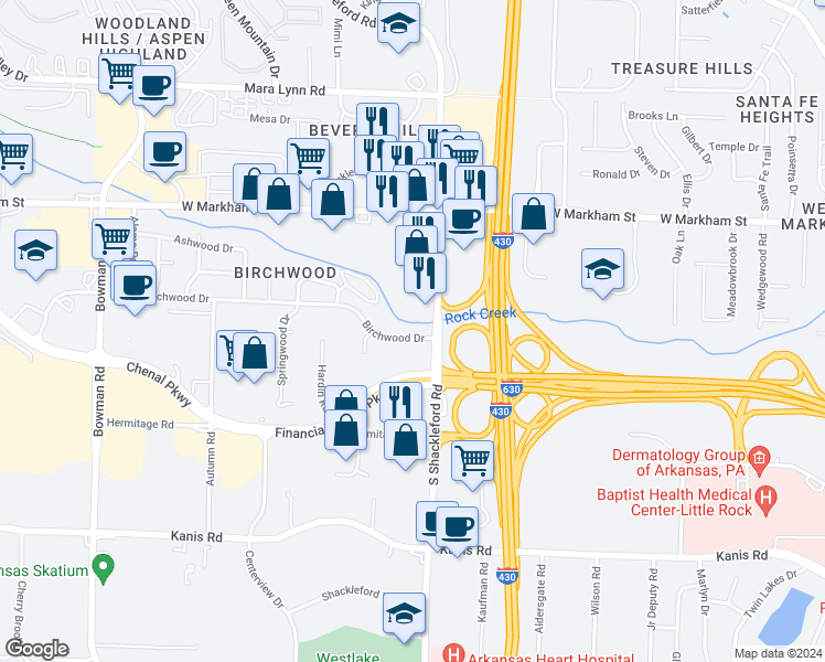 map of restaurants, bars, coffee shops, grocery stores, and more near 10814 Birchwood Drive in Little Rock