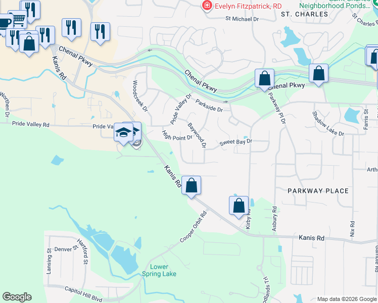 map of restaurants, bars, coffee shops, grocery stores, and more near 3 Summit Ridge Drive in Little Rock