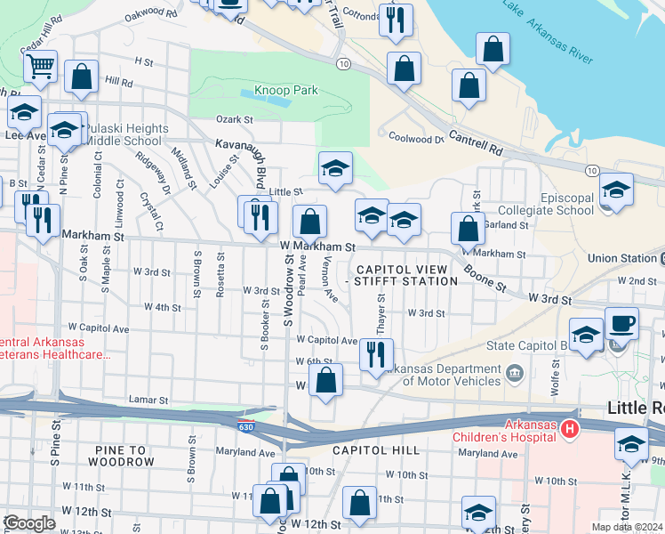 map of restaurants, bars, coffee shops, grocery stores, and more near 117 Vernon Avenue in Little Rock