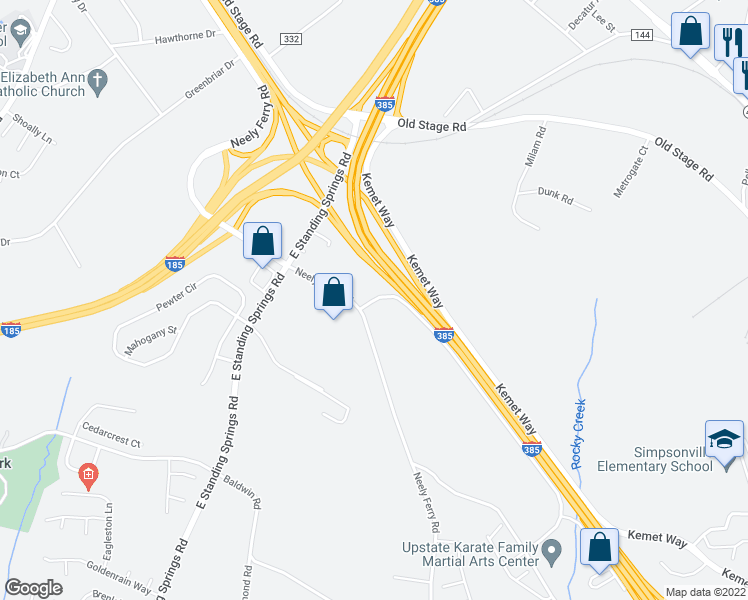 map of restaurants, bars, coffee shops, grocery stores, and more near 107 Grandview Drive in Simpsonville