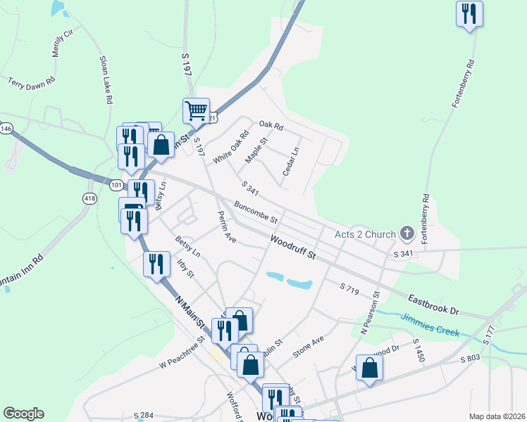 map of restaurants, bars, coffee shops, grocery stores, and more near 1 Poplar Street in Woodruff
