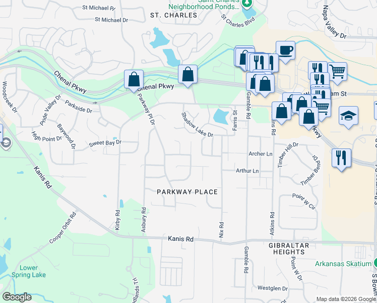 map of restaurants, bars, coffee shops, grocery stores, and more near 322 Shadow Ridge Drive in Little Rock