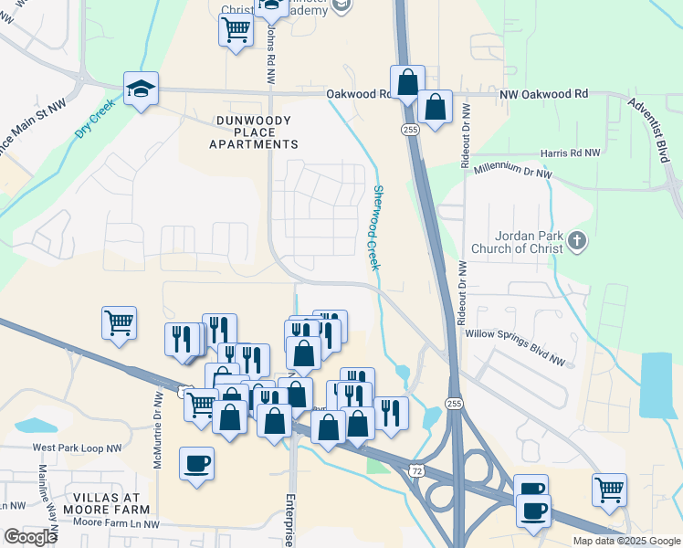 map of restaurants, bars, coffee shops, grocery stores, and more near 1338 Old Monrovia Road Northwest in Huntsville