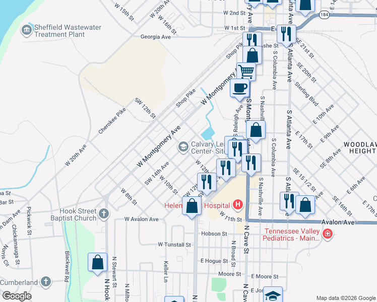 map of restaurants, bars, coffee shops, grocery stores, and more near 1201 Southwest 13 1/2 Avenue in Sheffield