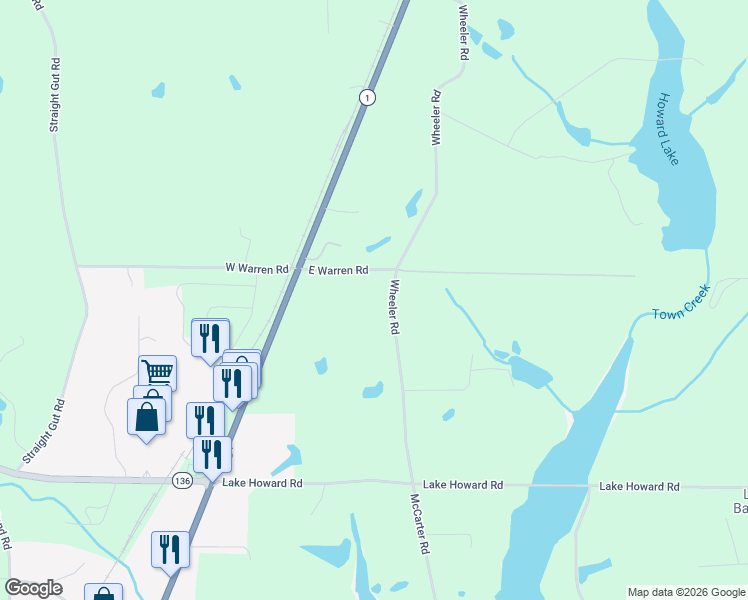 map of restaurants, bars, coffee shops, grocery stores, and more near 154 East Warren Road in LaFayette