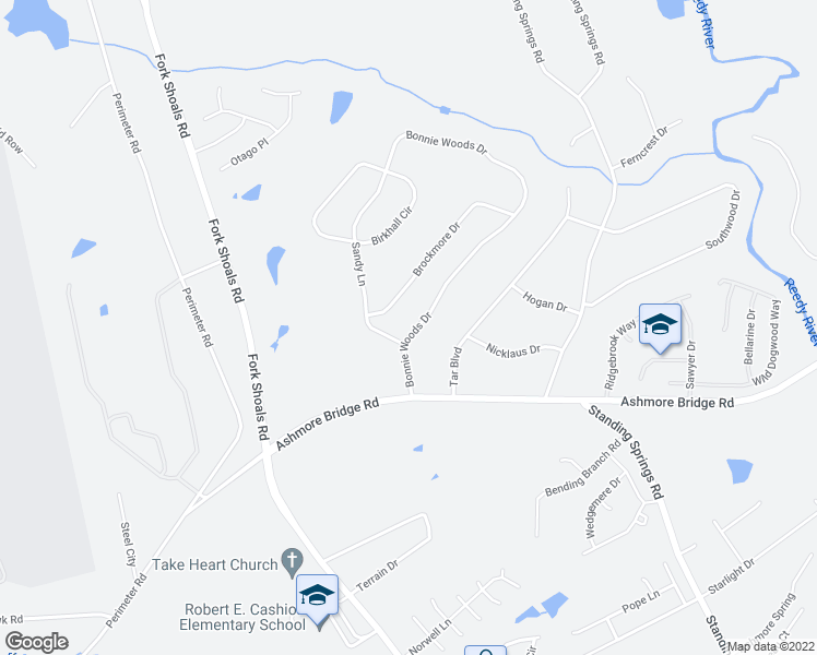 map of restaurants, bars, coffee shops, grocery stores, and more near 105 Bonnie Woods Drive in Greenville