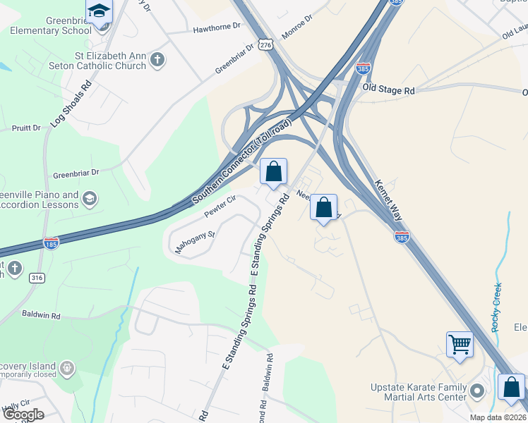 map of restaurants, bars, coffee shops, grocery stores, and more near 368 Pewter Circle in Simpsonville