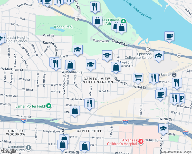 map of restaurants, bars, coffee shops, grocery stores, and more near 114 Rice Street in Little Rock