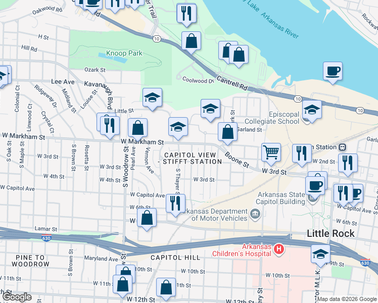 map of restaurants, bars, coffee shops, grocery stores, and more near 114 Rice Street in Little Rock