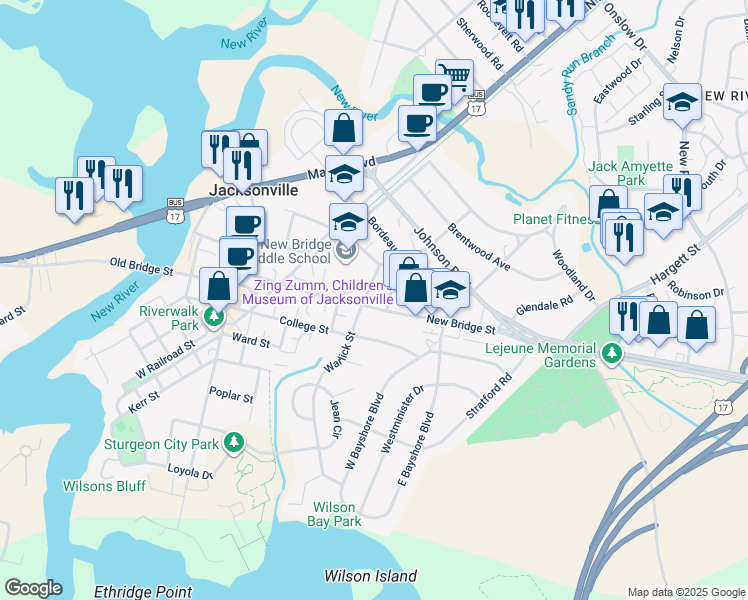map of restaurants, bars, coffee shops, grocery stores, and more near 301-399 Warlick St in Jacksonville