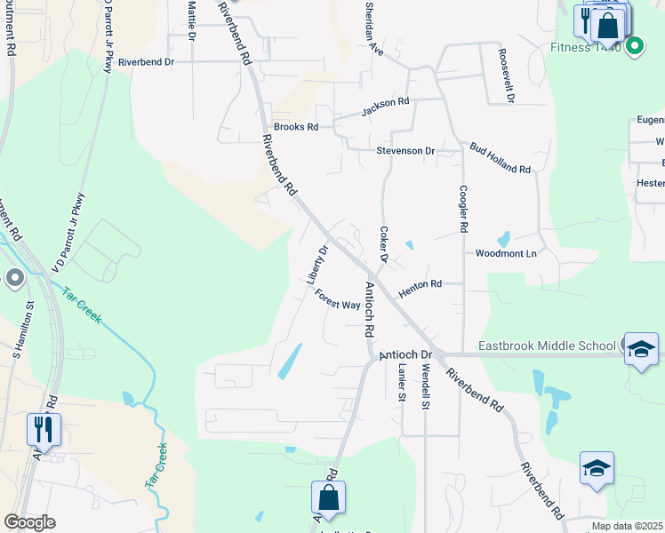 map of restaurants, bars, coffee shops, grocery stores, and more near 1132-1150 Riverbend Road in Dalton