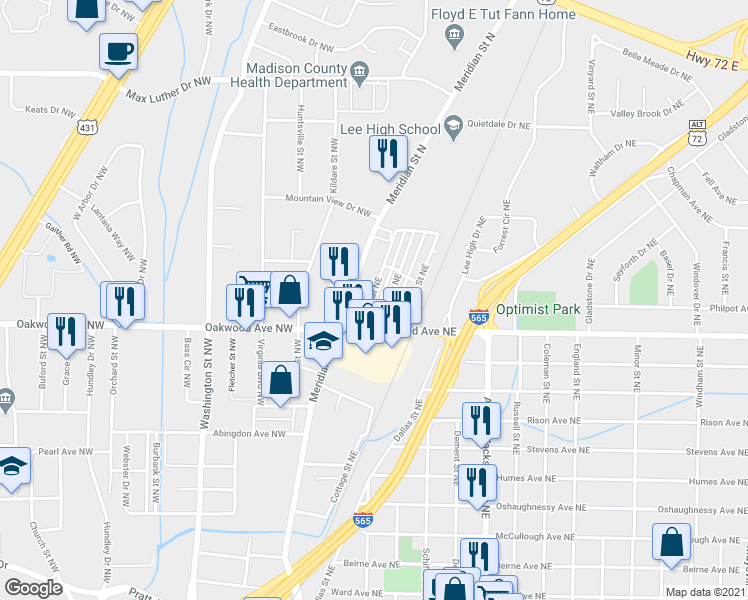 map of restaurants, bars, coffee shops, grocery stores, and more near 2018 Front Street Northeast in Huntsville