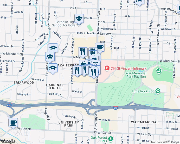 map of restaurants, bars, coffee shops, grocery stores, and more near 314 South University Avenue in Little Rock