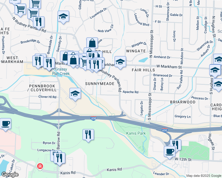 map of restaurants, bars, coffee shops, grocery stores, and more near 300 South Rodney Parham Road in Little Rock