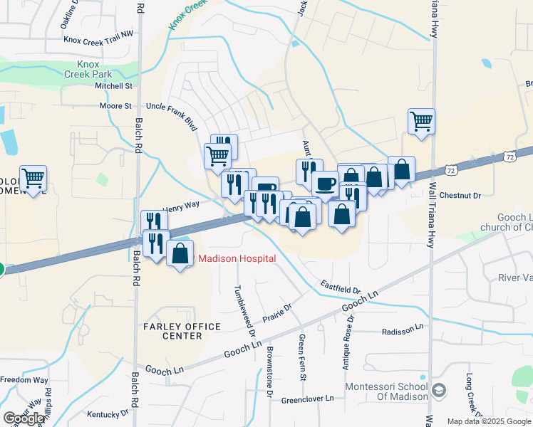 map of restaurants, bars, coffee shops, grocery stores, and more near 8207 Highway 72 West in Madison