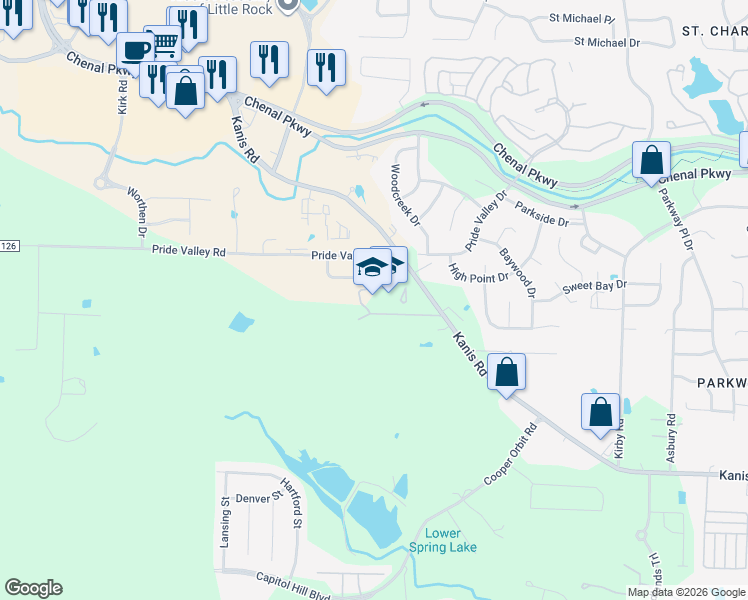 map of restaurants, bars, coffee shops, grocery stores, and more near 15001 Kanis Road in Little Rock