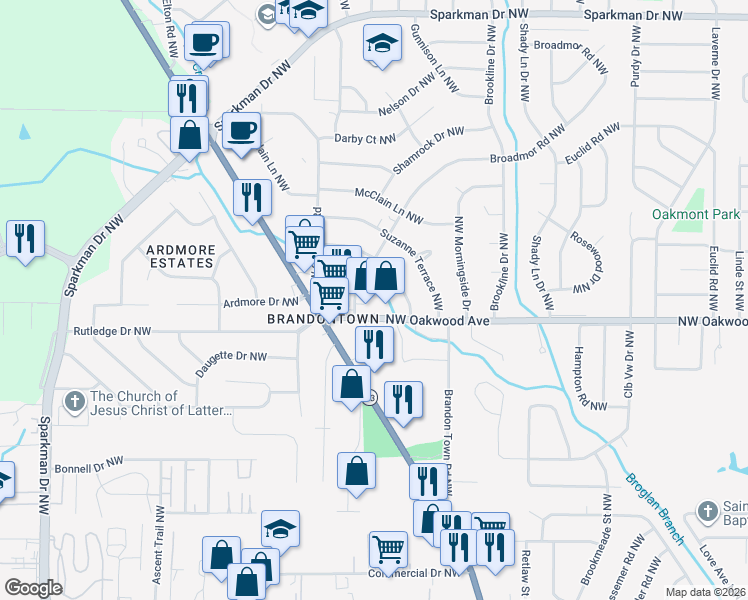map of restaurants, bars, coffee shops, grocery stores, and more near 4201 Chalet Circle Northwest in Huntsville
