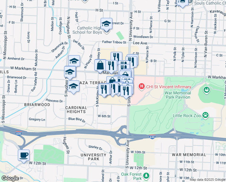 map of restaurants, bars, coffee shops, grocery stores, and more near 320 South University Avenue in Little Rock