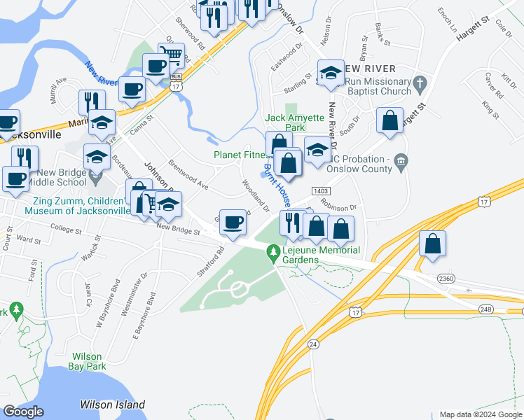 map of restaurants, bars, coffee shops, grocery stores, and more near 24 Glendale Road in Jacksonville