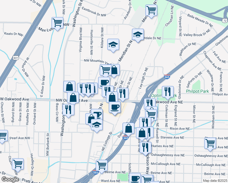 map of restaurants, bars, coffee shops, grocery stores, and more near 2018 Front Street Northeast in Huntsville