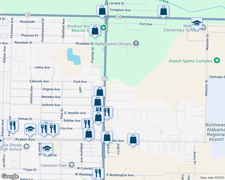 map of restaurants, bars, coffee shops, grocery stores, and more near 103 Elliott Avenue in Muscle Shoals